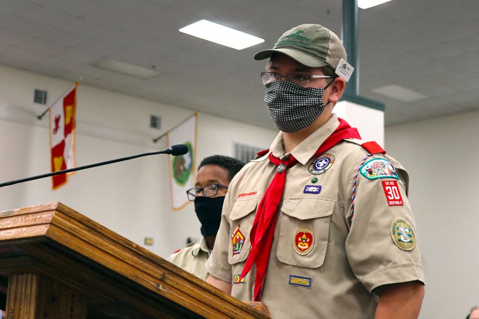 Boy Scout Wyatt Corbin of Troop 30 describes the benefits of participation in Crestview’s several scout troops during City Government Week in 2020.