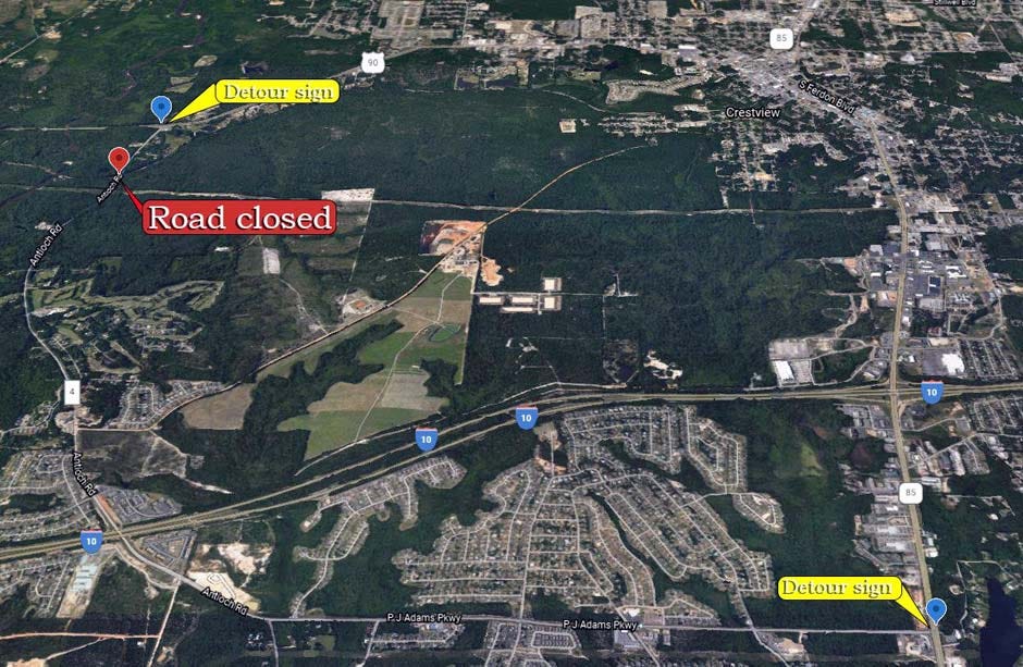 Detour signage will be placed to use State Road 85 and US Highway 90. Northbound motorists on State 85 at P.J. Adams Parkway are being asked to continue straight, north on State 85 to US 90.