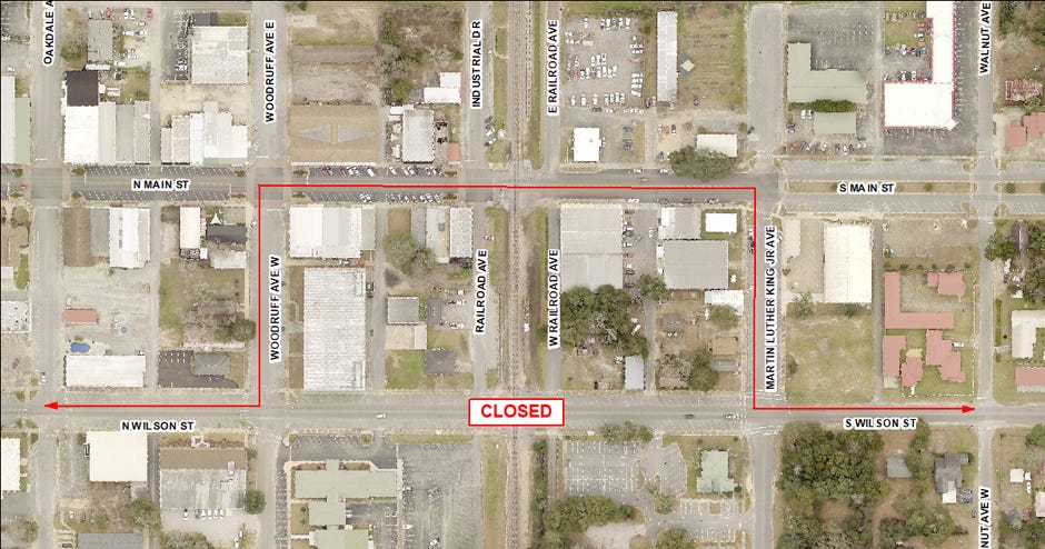 The detour for the Wilson Street railroad crossing repair will go along Woodruff Ave. West, Main Street and Martin Luther King Jr. Avenue in Crestview.