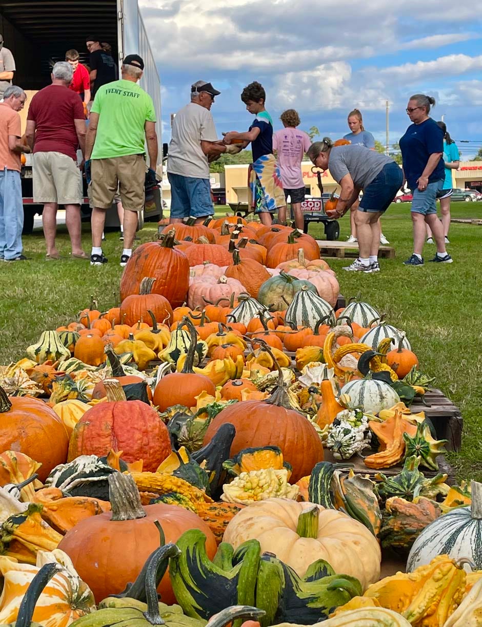 A row of different types of pumpkins is displayed at First United Methodist Church of Crestview. The church's pumpkin patch fundraiser with various activities is open through Oct. 31.