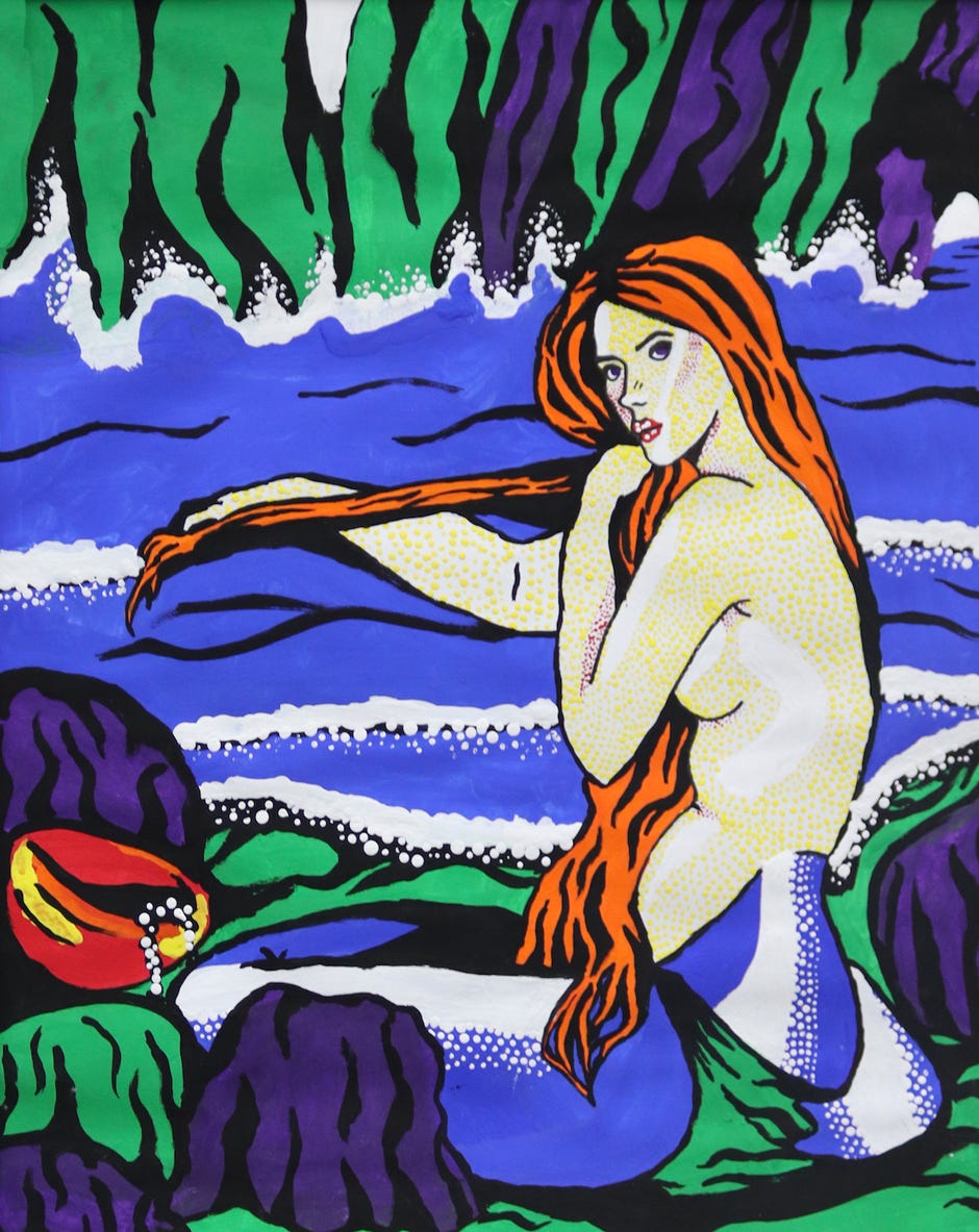 Emory Steadman’s “Mermaid” may have won third place in the tempera painting category, but creative use of the thick paint actually produced 3D dots of color on the subject’s body.