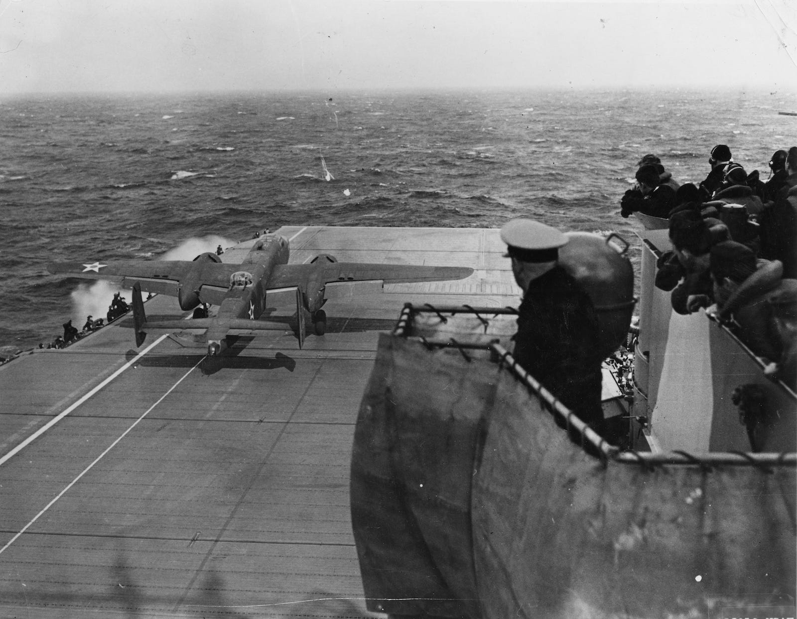 USS HORNET, PACIFIC OCEAN 1942 -- Lt. Col. James "Jimmy" Doolittle performs a full-throttle takeoff from the USS Hornet 650 miles from Japan on a secret mission. The Doolittle Raid, U.S. Army Air Force special order No. 1 of World War II, was a daring one-way mission of 16 B-25 Mitchell medium bombers with 80 aircrew, commanded by Colonel Doolittle, to carry out America’s first offensive attack on Japan. The crews secretly trained for two-weeks and modified the B-25s at Eglin Air Force Base's Wagner Field, Auxiliary Field 1 prior to the mission.