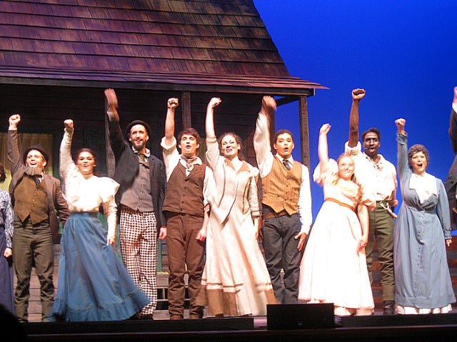 Twenty-seven thespians brighten Northwest Florida State College's production of “Oklahoma!” The cast includes, from left, Dylan Garofalo, Victoria Mullins, Jason Mueller, Tristan Allen, Katie Pickens, Sean Royal, Megan Garofalo, Daniel Thornton and Gretchen Erickson.