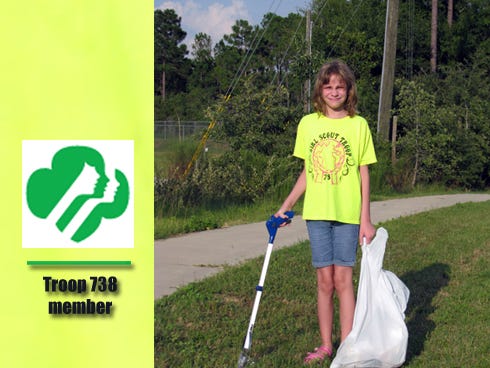 Brooke Williams, a Florida Virtual School Full Time student, will earn her Bronze Award, a Girl Scout Junior's highest honor, after removing litter along the route to Shoal River Middle School and Riverside Elementary School.