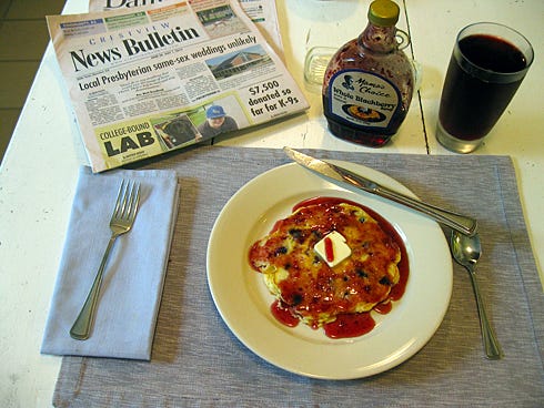This light, fluffy pancake was made with buttermilk instead of regular milk, and blueberries picked fresh less than an hour beforehand.