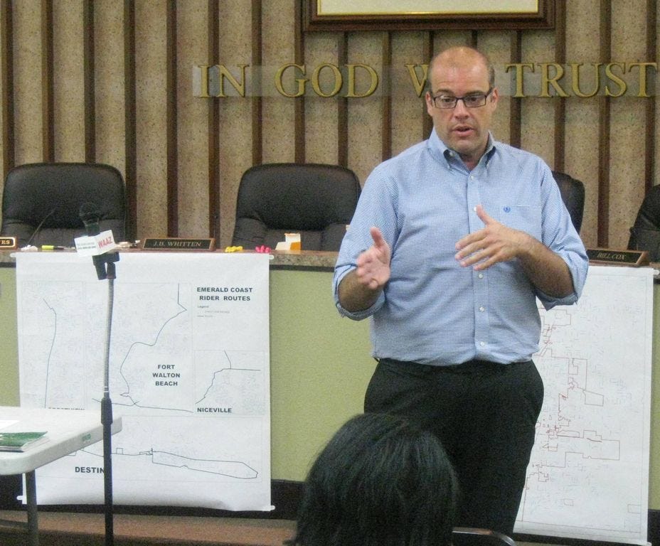 During a May 24 public transit workshop at City Hall, Meruti Fleet and Management vice president of operations George Cavelle discusses his company's desire to partner with residents to create a Crestview public bus system that meets locals' needs.