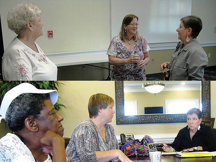 Top, Friends of the Arts founder Gigi Allen — left, with member Audrey Milcarek and president Rae Schwartz —says she would like to see Crestview High School's jazz band perform a concert to raise funds for new uniforms. Bottom, Crestview Area Chamber of Commerce Arts, Culture and Entertainment Committee chairwoman Karen Hardell — center, with committee members Rae Roberson and Rae Schwartz — says that "the arts give people a reason to come to Crestview, stay in Crestview and spend their money here, and to give residents who have an ability and passion a chance to express it."