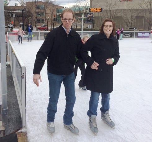 Ryan and Kayla Jones ice skate in this December 2014 photo. Though almost blind, the 1999 Crestview High School alumnus doesn't let visual impairment diminish his quality of life.