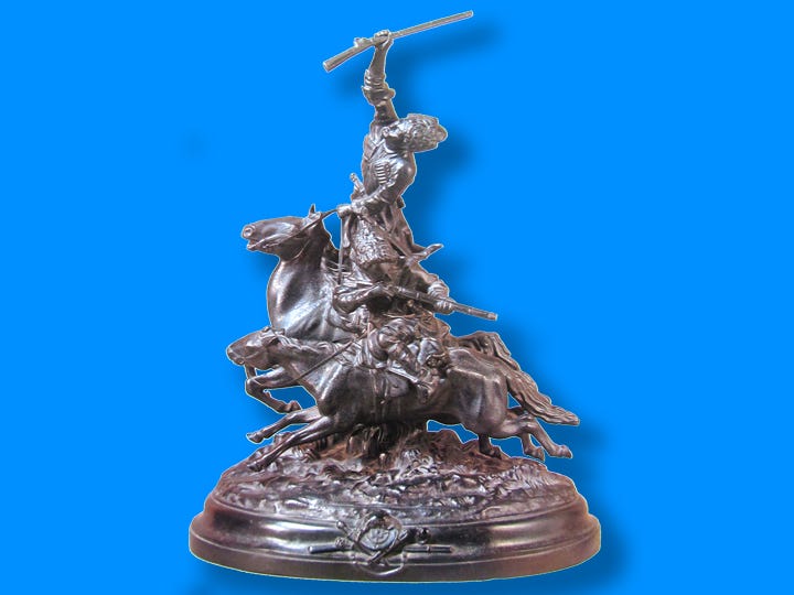 “The Horseriders” is typical of sculptures from the Russian Kasli Ironworks by Evgeni Alexandrovich Lanseray and depicts Caucasian trick riders.