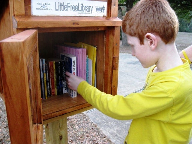 Brendan Driver, 9, adds a donated book to his family’s Little Free Library in Crestview. Brendan and his dad, Jason, built and maintain their library as a neighborhood resource.