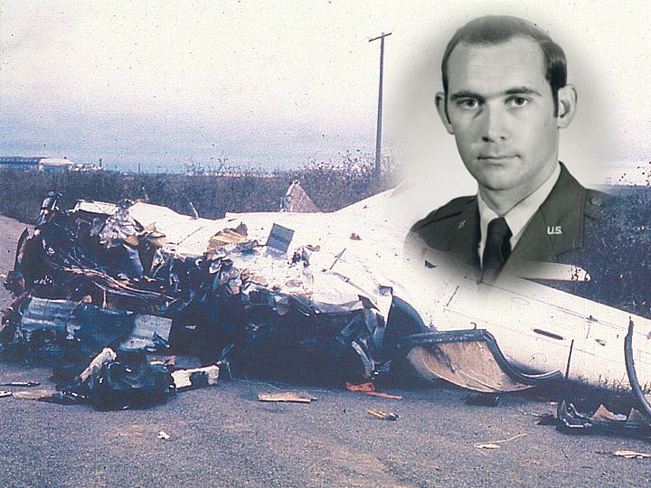 Now a Crestview resident, then Air Force Capt. Louis Richard, inset, survived this crash landing of his Air Force training jet.