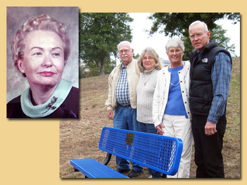 Ernestine Barker’s nephew, Byrd Maploes, and his wife, Paula Lou; and son Bill Barker and his wife, Donna, stand behind the Twin Hills Park bench dedicated in her honor. (inset, Ernestine Barker).