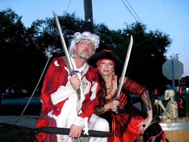 Chris Manson, as 'fraidy cat Red Leg, and Mary Ann Troiano, as his right-hand gal, Pillage Ann Freebooty, will perform Feb. 28 in "The Mystery of Red Leg the Dreaded, Pirate of the Gulf."