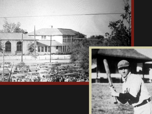 Photos like these, the old Crestview High School at its original location near the corner of State Road 85 and U.S. Highway 90, and a 1930s photo of Lance Richbourg, Minor League baseball legend, have been saved digitally into the Baker Block Museum archives.