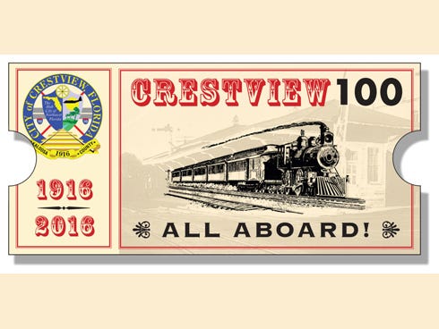 The Crestview Centennial Committee is considering this logo, which recognizes Crestview’s founding as a railroad town. The design is based on a vintage railroad ticket with the motto, “All aboard!” and a stub incorporating the city logo. The logo, if approved, would be used on centennial merchandise.