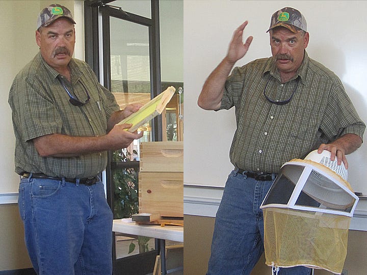 Crestview beekeeper Ken Bundrick displays beekeeping equipment including, left, a frame from a typical wooden beehive, and protective headgear that his family's honey farm beekeepers use.
