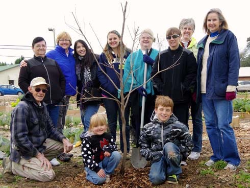 The Common Ground Community Garden of Crestview has a new Fuyu persimmon tree following the Dogwood Garden Club's Feb. 3 donation. Attending the dedication, front row, from left, are: John Bouton, and North Okaloosa Association of Homeschoolers students Stella and Lucas Willey. In back: Erma Bouton, Cathy Ward, Elaine Hurd, Holly Willey, Jane McCreary, Mary Foresman, Thea Duhaime and Celia Broadhead.