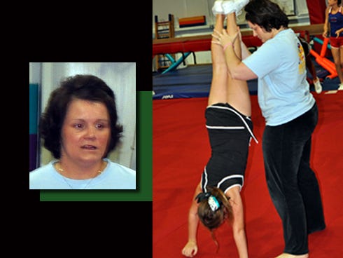 Jennifer King (inset) assists Davidson Middle School student Brooklyn Wilde, 11, during a cheerleading class at U.S. Gold Gymnastics and Cheerleading in Crestview. King, a breast cancer survivor, stays active in gymnastics and instructs area cheerleaders.
