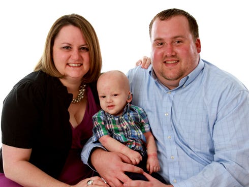 The Jackson family is giving back to St. Jude Children’s Research Hospital, which provided their son, Noah — who had a cancerous brain tumor — surgery and treatments at no cost. Pictured are Krystal, Noah and Caleb Jackson.