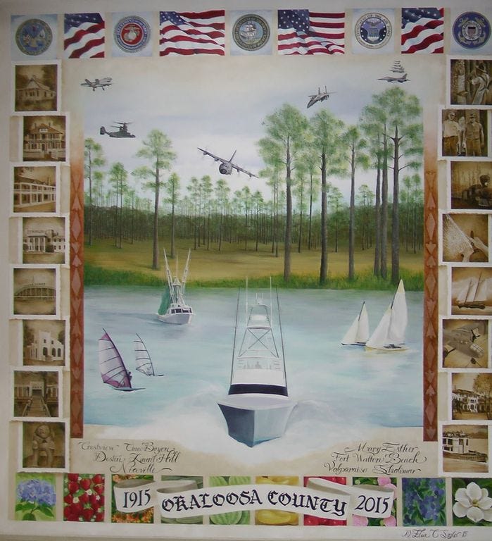 Shalimar artist Elia Saxer painted this mural depicting mostly south county history for Okaloosa County’s Administration Building. The painting initiated a conversation in Crestview about need for local public art.