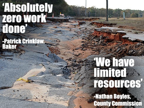 Steering right on Sexton Drive, coming from Highway 189 in Baker, could land you in a ditch or, at one stretch, in a 3-foot-deep crater. April's floodwater even displaced some of the asphalt on the side of the road.