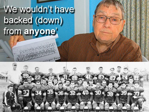 Jerry Parker, a member of Crestview High School's 1949 football team that won the Northwest Florida Conference championship, shares an old newspaper clip about that special team. (Randy Dickson) 
Bottom: Crestview High School's 1949 football team, standing, from left: Assistant Coach Louis McLendon, John Ed Fountain, Ray Vaughn Kilcrease, Rhett Cadenhead, Jr. McKee, Marcus Martin, Howard Powell, Leon Curenton, Dale Wright, Coach A.C. Koeninger, Joe Curenton and Frank Keel. Second row: Herbert Adams, Robert Bradley, Hex Collins, Leron "Red" Beard, Mark Barron, Derrell Delk, Joe Frank Plumber, Jerry Paris, John Martin Vaughn and Charles Lee. Front row: Manager Billy Jolly, Jack Sanders, Jerry Parker, Walter "Red" Barrow, Claude "Bug" Barrow, Bobby Campbell, Ray "Red" Medley, Glen Luker, Bob McGuire, Jack Stokes and Tommie Settles. (State Archives of Florida)