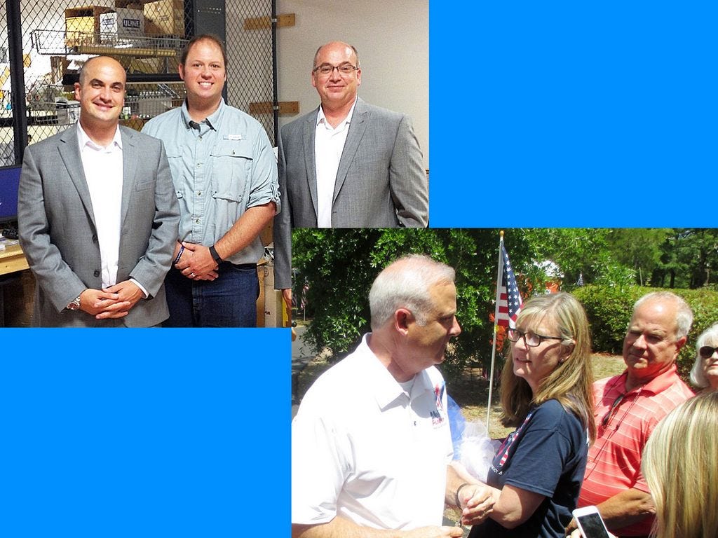Top left, political candidates James Zumwalt and Jayer Williamson meet with Wayne Bernheisel, center, general manager of Certified Manufacturing in Holt, during a tour of the defense electronics and components plant. Bottom right, candidate Mel Ponder, left, visits with Crestview area business and community leaders, including Dennis Mitchell, second from right, who offers candidates economic tours of North Okaloosa County.