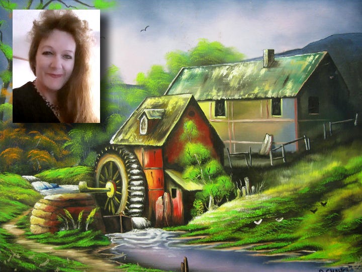 Color and light infuse this 19th-century mill in one of Donna Chance’s (inset) paintings on exhibit at the Crestview Public Library.