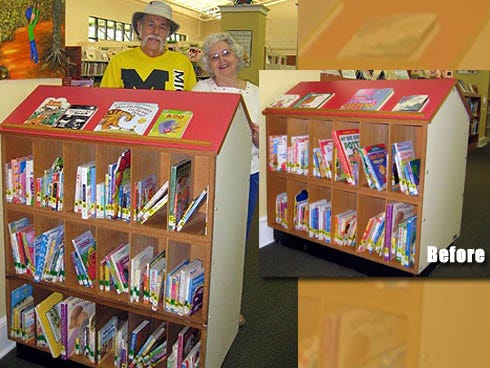 Mickey and Ruby Frabott added a third floor when they renovated the Crestview Public Library's book house (right) for its expanding board book collection.