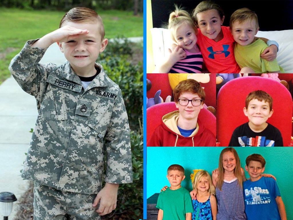 Gunnar Perry, now 6, sends a salute to his dad overseas, Dustin Perry, during a previous deployment. Sharing photos with their dads during previous deployments are, top, Gentry, Hannah and Gunnar Perry; middle, Jasper and Jonas Petruzzi; and bottom, Benjamin, Lily, Zoe and Jonathan Weaver.