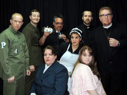 The Crestview cast of the comedy "See How They Run," opening Friday in Warriors Hall, includes, from left, Jeremy Faust, Ray Erlacher, Nancy Black, Corey Black, Courtney Peters, Meghan Erlacher, Craig McRae and Sean Peters.