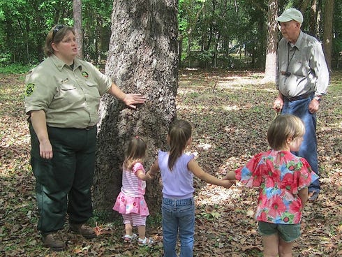Children learn about native trees at the Crestview McMahon Environmental Center from Florida Forest Service Senior Forester Maria Wilson and the center’s founder, retired forester James McMahon. Wilson will distribute free native saplings during Friday’s Arbor Day observance.