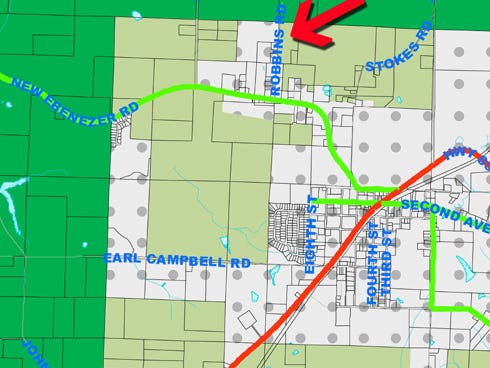 This Okaloosa County Future Land Use map of the Laurel Hill area indicates Councilman Johnny James’ residence, arrow, is zoned county rural residential. Adjacent properties, indicated as white with grey dots, are within Laurel Hill city limits.
