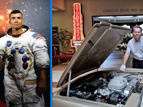 Left: Apollo 13 astronaut Fred Haise is the keynote speaker tomorrow at the Florida Chautauqua Winter Assembly in DeFuniak Springs. Right: Studebaker historian Andrew Beckman, shown with a vintage Avanti, will speak about the classic cars and present original design paintings from the Studebaker Museum.