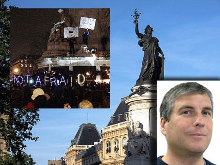 Marianne, the allegorical representation of French liberty and reason, stands watch over the Place de la République in Paris, site of mass demonstrations (inset) supporting freedom of expression in the wake of shootings at nearby Charlie Hebdo.
