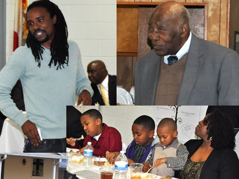 Left: Marcell Young, of Tallahassee. Right: Samuel Allen, Lebanon Missionary Baptist Church's most senior member at age 92, welcomes attendees of Saturday's memorial banquet at the Baker Recreation Center.  
Bottom: The Paul family — from the left, Jayshon, Javon, Jeremiah and their mother, Megan — eats dinner. (These photos appear in the Jan. 22, 2014 Crestview News Bulletin)