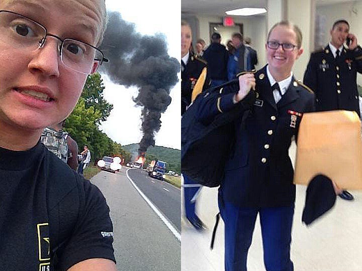 Left: This burning bus was carrying Natalie Booker and approximately 50 other recruits to Fort Leonard Wood Basic Training. Drill instructors had to take vans out and recover the evacuated troops by Interstate 44 near St. Robert, Mo. Right: Booker, a 2014 Baker School graduate, carries her packet of orders just moments after graduating from Advanced Individual Training as a Military Police officer at Fort Leonard Wood.