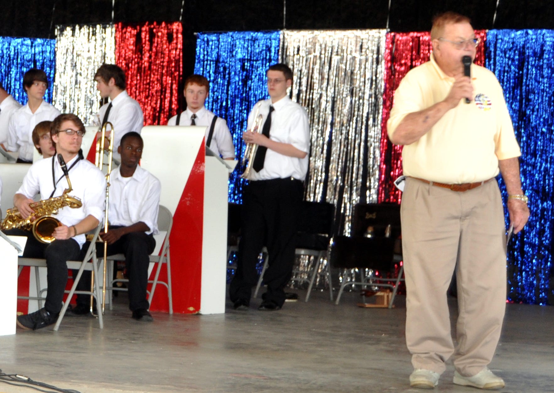 School jazz band members listen to Bob Lynn during the opening ceremony at the sixth annual Military Appreciation Recognition Ceremony, Saturday at Old Spanish Trail Park.