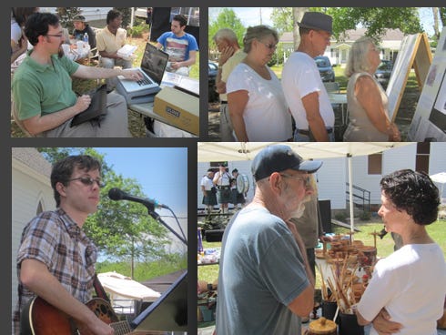 Clockwise: Digital portrait artist Matthew Sample captures Montavius Diamond, center, on his computer as Matt Leroy observes during Saturday’s Laurel Hill Spring Arts Festival. In the background is digital music artist Todd Tucker.
Visitors read about the heritage of community institutions at a history exhibit. Laurel Hill resident Trecia Chedister chats with artist Fred Gutshall, who, with his brother Keith, produce turned wood dimension art.
Crestview musician Aaron Overton performs songs from genres ranging from vintage pop to folk.