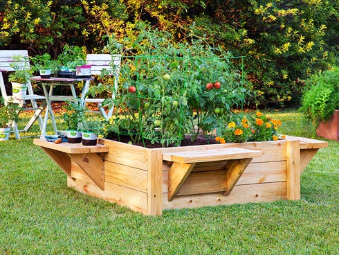 Raised bed gardens with benches make it easier to plant, maintain and harvest.
