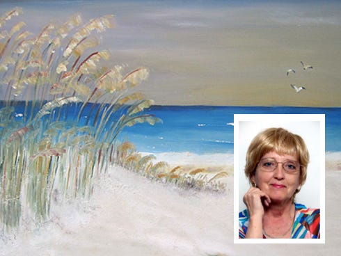 This excerpt of "Sands of Time," painted by Rita Benz, inset, evokes a peaceful day at a south county beach.