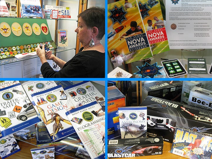 Clockwise from top left: Boy Scouts Unit Commissioner Rae Schwartz arranges Order of the Arrow display materials at the Crestview Public Library. The honor camping society celebrates its centennial next year. Scouting’s new NOVA program is designed to stimulate interest in science, technology, engineering and mathematics subjects for Cub Scouts, Boy Scouts and Venturers. In addition to traditional activities such as outdoors skills, Boy Scouts can earn merit badges in subjects such as astronomy, rocketry and robotics. With 133 merit badges to earn, boys can find subjects to match almost any interest, local Boy Scout leaders say.