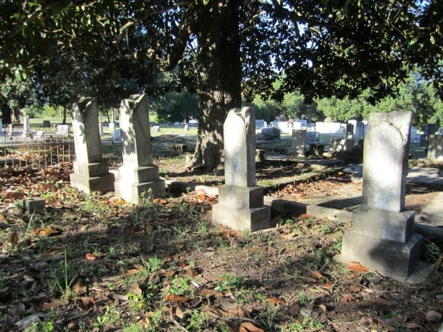 A series of historic grave markers stand beneath a magnolia tree in Almarante Cemetery. Volunteers are needed for the Oct. 4 annual cleanup at the Laurel Hill graveyard.