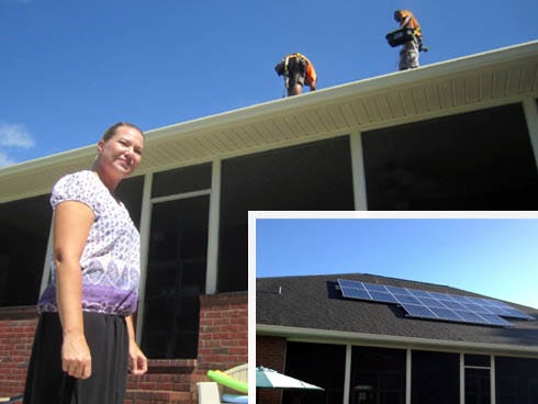 Kaye Finney observes as Compass Solar Energy workers install a solar panel array on her Crestview home’s south roof. By its placement on the Finney home's south roof, the solar array (inset) will receive sun throughout the day.