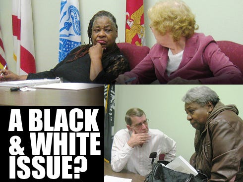 Top: Laurel Hill City Councilwomen Willie Mae Toles and Betty Williamson chat before Thursday’s council meeting, which both walked out of. Bottom: Resident Mary Bradbury discusses her candidacy for Laurel Hill City Council with Council Chairman Larry Hendren following Thursday’s contentious meeting
