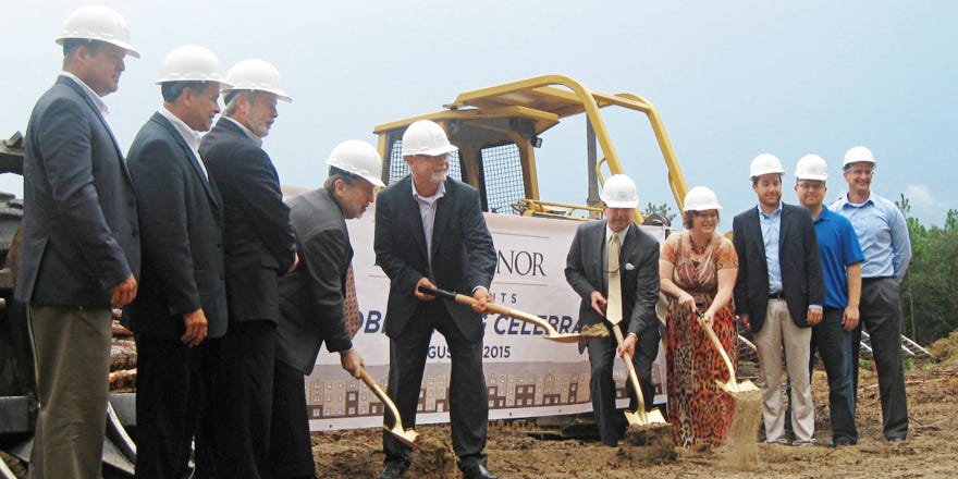 Crestview leaders join developers and Vestcor officials in breaking ground for Katie Manor, a new affordable senior living community, Monday on Brookemeade Extension. The 6-acre development will provide 102 one-and two-bedroom apartments for residents 55 and over, and will offer amenities including fitness and leisure facilities. Developers with Vestcor Companies plan to open the complex in 13 months.