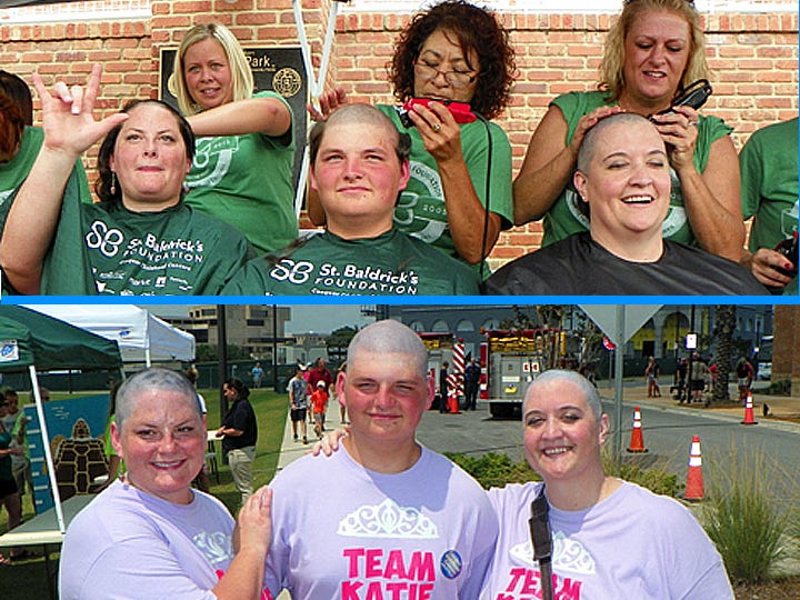 From the left to right in the before (top) and after (bottom) photos are Crestview's Gretl Stenske, and her son, Zac, along with Fort Walton Beach resident Kim Luckie. All three had their heads shaved on Sunday during a St. Baldrick’s Foundation fundraiser at the Pensacola Bayfront Stadium.