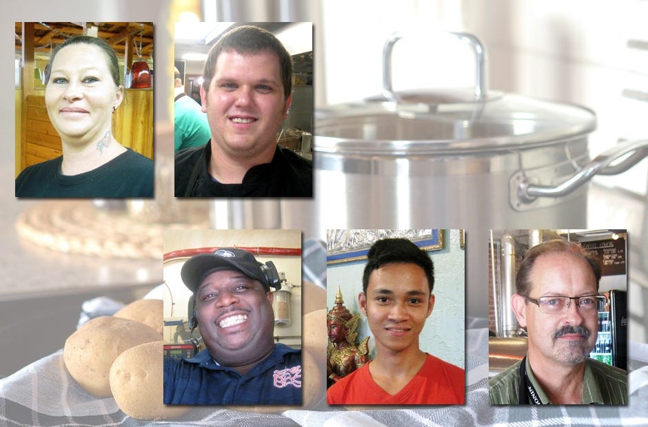 North Okaloosa chefs who provided top kitchen tips are pictured. Top row, from left: Julie Spears and Joseph McDuffie. Bottom row, from left, Andrew Booker, John Carlos Macasaet, and Bill Toannon. (BRIAN HUGHES | News Bulletin)