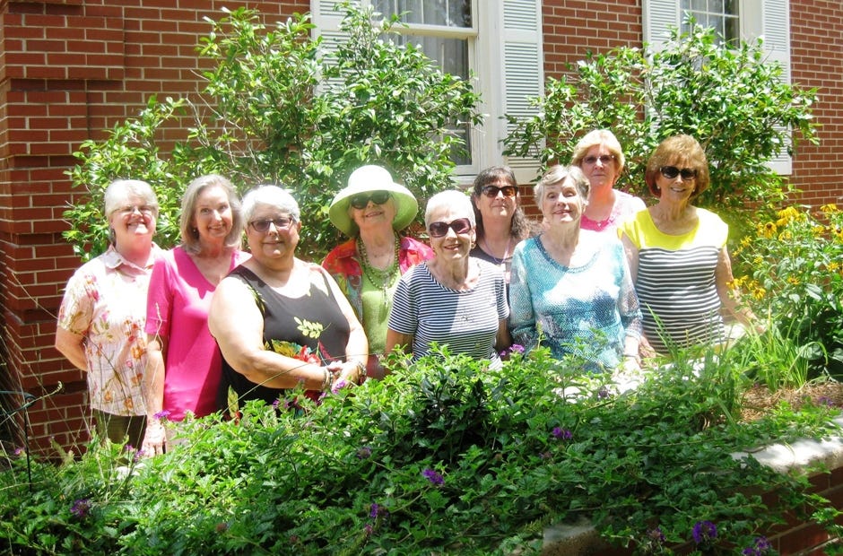 Some Dogwood Garden Club members met July 20 to discuss plans for the Sister City garden at Northwest Florida State College in Crestview. The group is working on several more community projects. From left are Jane McCreary, Celia Broadhead, Ruth Herington, Clara Jo Teel, Thelma Smith, Ellen Marshall, Beach Campbell, Pam Callahan and Judy Rice. (Special to the News Bulletin)