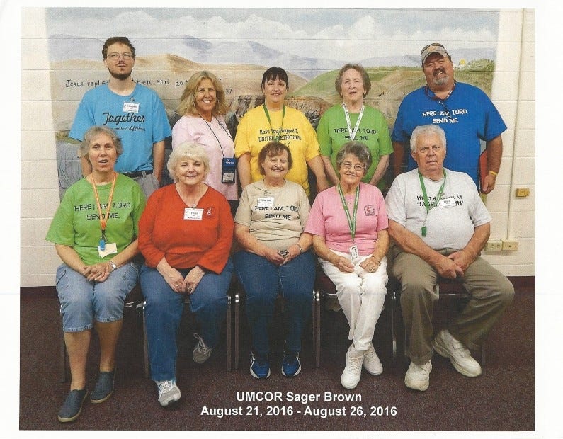 This First United Methodist Church mission team traveled to Louisiana Aug. 21 to help flood victims. Pictured in front, from left, are Sharon Wykle, Pam Hight, Marion Sayger, Barbara Adams and Olen Hinton. Back row: Lincoln Sayger, Pam Brewster, Paula Wright, Jean Liles and Paul Hinton. (Special to the News Bulletin)